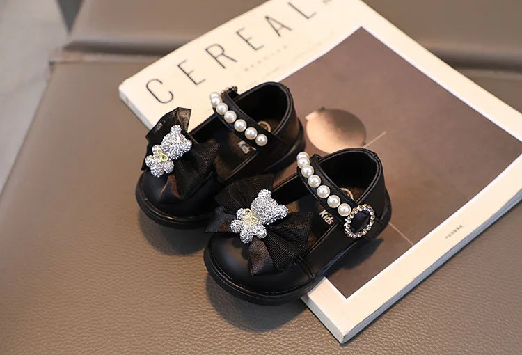 Baby Girl Leather Shoes Kids Bow Pearl Princess Shoes Shallow Soft Sole Cute First Walkers Infant Toddler Cartoon Single Shoes