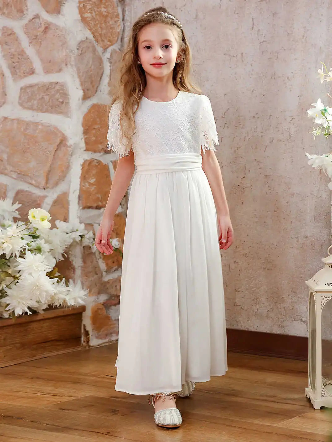 Girls Vintage Chiffon Lace Ruffle Sleeve A-Line Wedding Party Little Bridesmaid Dress
