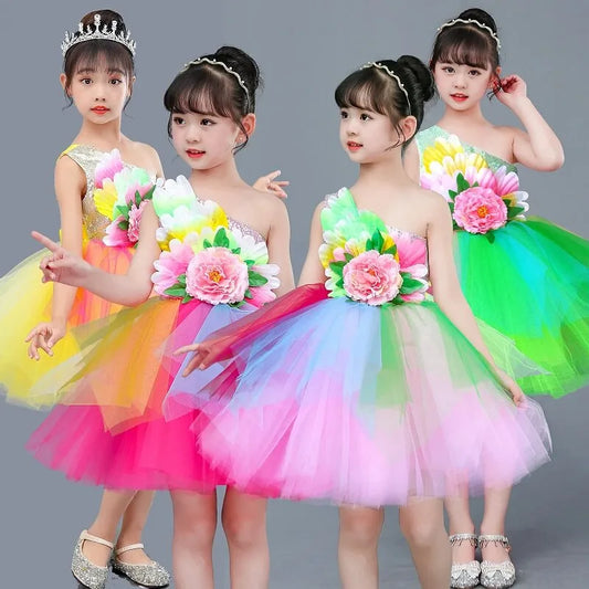Multicolored Dance Dress Girls Modern Dance Costume Girls Contemporary Freestyle Dance Dress