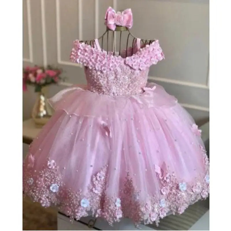 Baby Girls Dresses Off Shoulder Pearls Lace Butterflies Flower Princess Dress