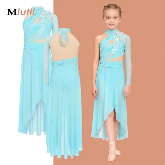 Girls Delicate 3D Flower Lyrical Dance Dress Asymmetrical Ruched Long Dress