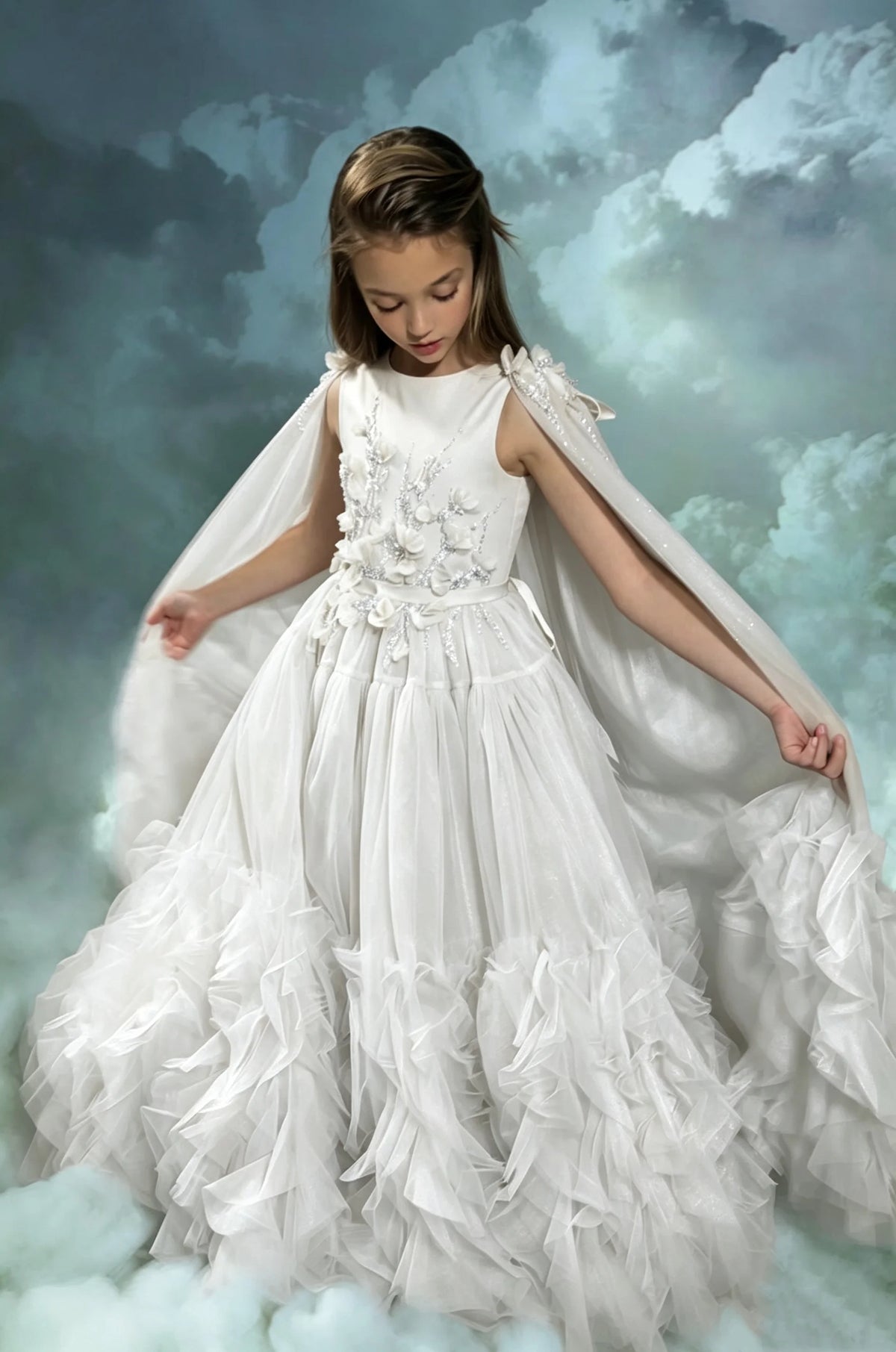 Blush Pink Flower Girl Dresses With Cape Customized Floral Ruffles Princess Baby Girl's Birthday Party Gowns Kids Pageant Dress