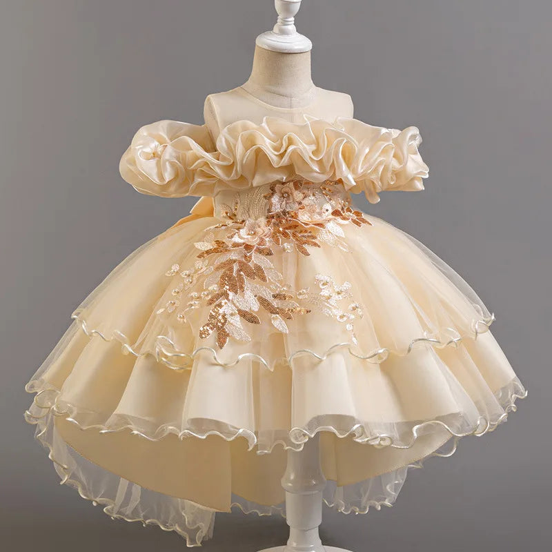 Girls Flower Girl Dress with Train Tulle Princess Gown Christmas Birthday Party Pageant Formal Dresses Kids Children Clothing