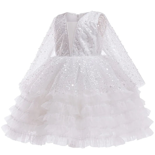 White Costume for Girls Puffy Dress Long Sleeve Sequin Evening Dress