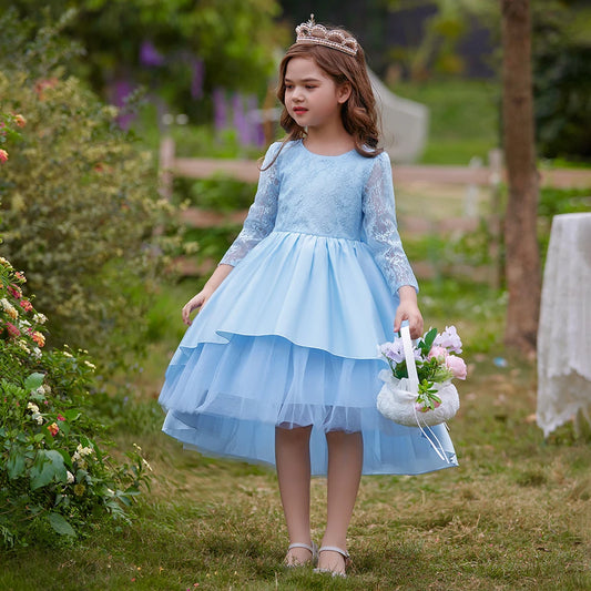 Summer White Lace Bridemaid Girl Dress Trailing Long Sleeve Flower Princess Dress