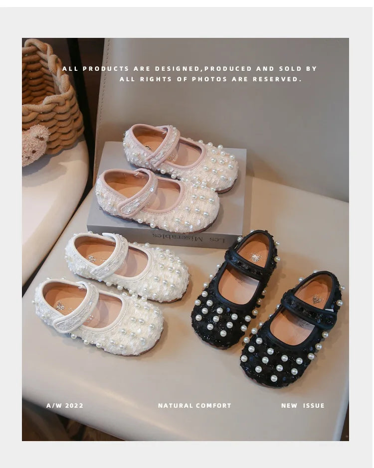 Girls Dance Shoes Elegant Round Toes Kids Flat Shoes Non-slip Soft Sole 2025 New Girls Princess Shoes with Sweet Pearl Ins Trend
