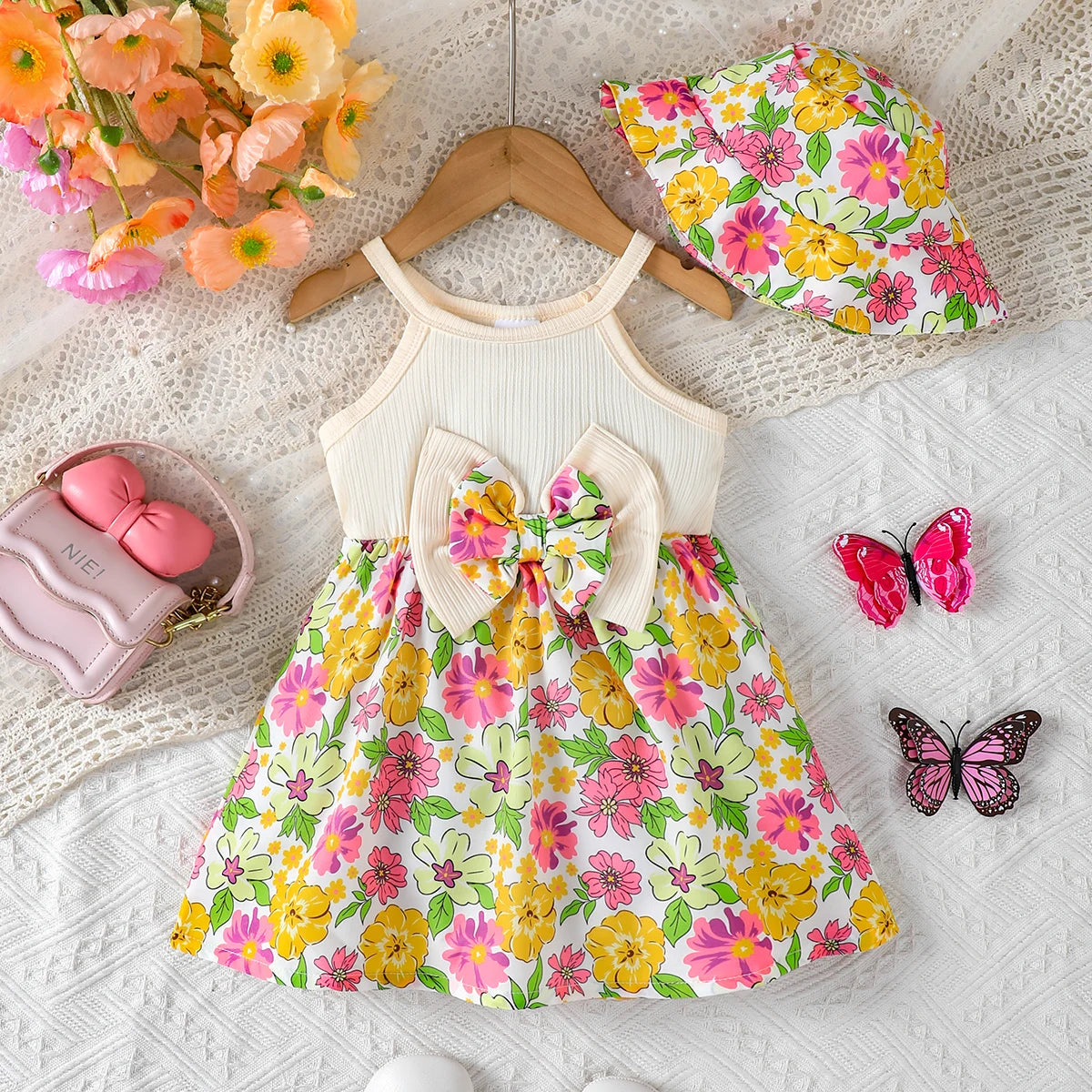 Halo 2Pcs Baby Girl Summer Dress Set with Bow & Hat