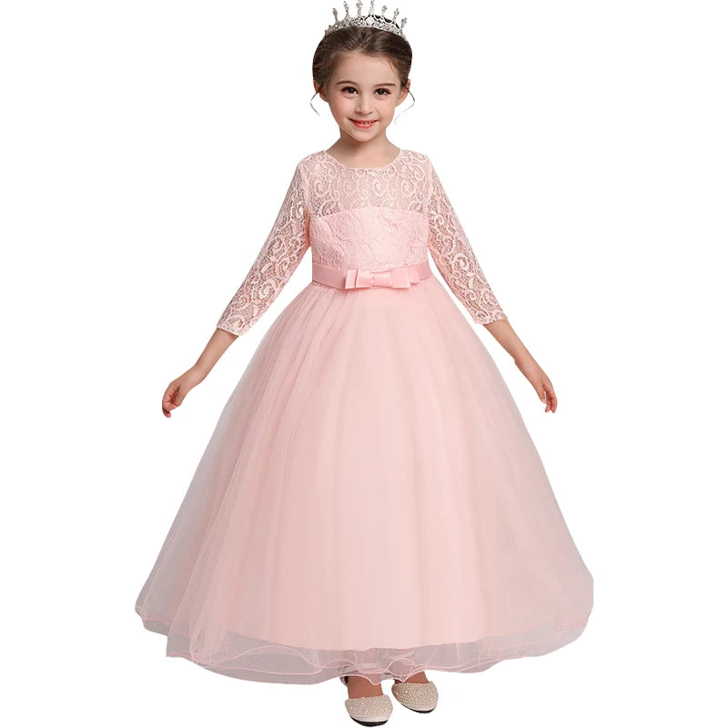 Girl's bow long sleeved princess dress 4-14 years old lace long mesh dress