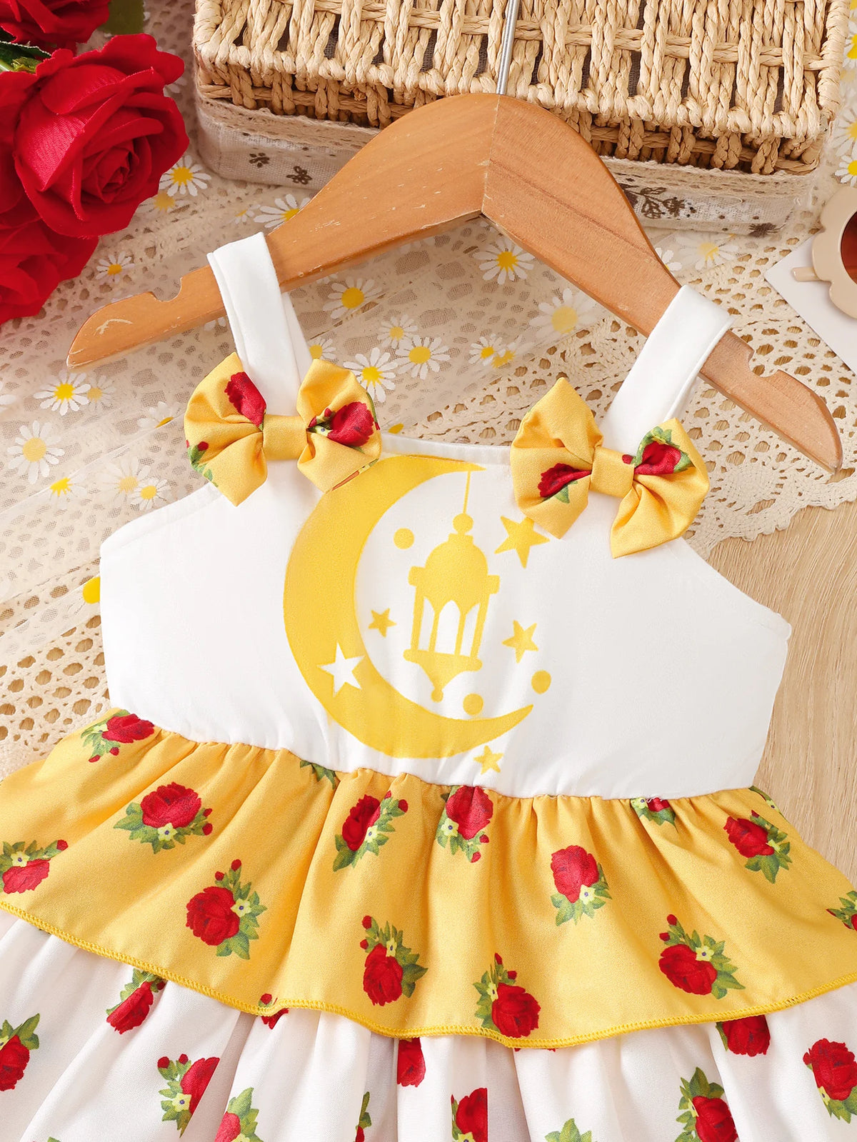 Baby Girl Dress, Comfortable and Versatile, Cute Sleeveless Strap Dress with Bow and Floral Print, Elegant Cake Dress + Crossbody Bag 2-Piece Set