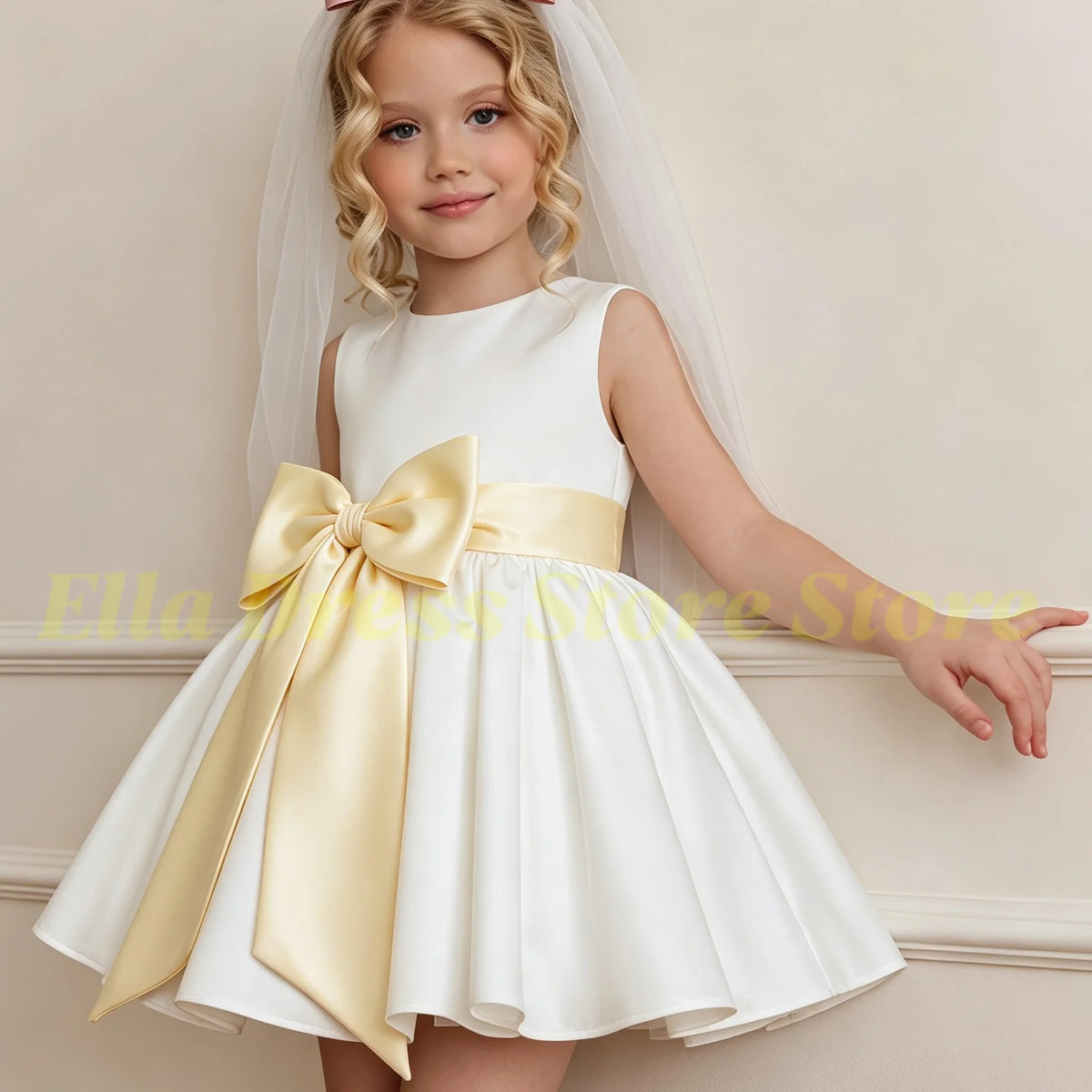 Wholesale Baby Flower Girl Dress with Bows Children Birthday Tribute Silk Satin Formal Vestidos Black Pink Kids Sleeveless Dress
