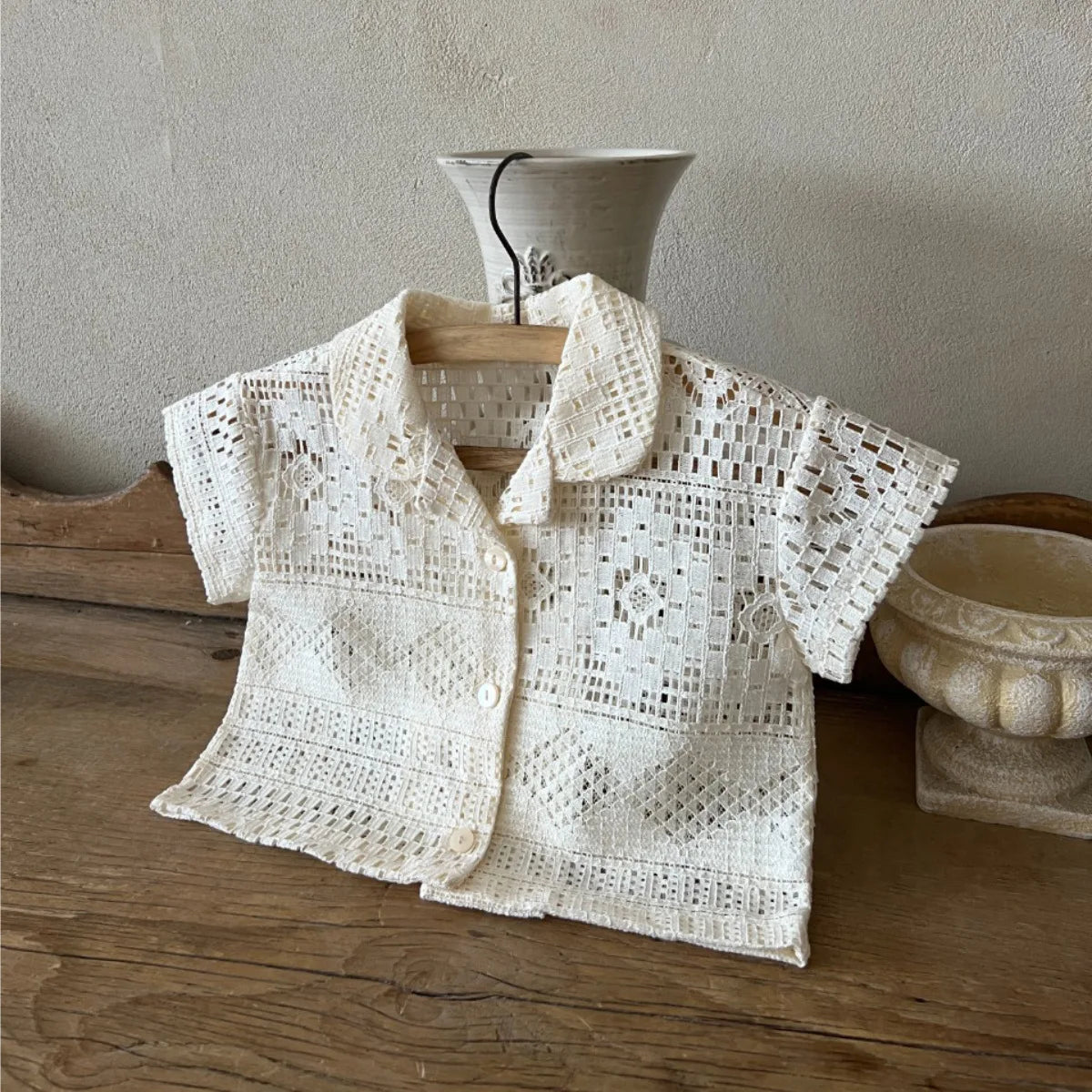 Helen Lace Short Sleeve Lapel Cotton Tops