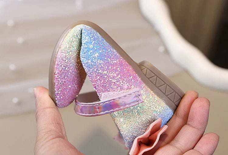 2026 Girl Shoes Spring New Girls Soft Sole Leather Shoes Rainbow Sequins Dress Princess Shoes Kids Shoe Mary Jane Shoes