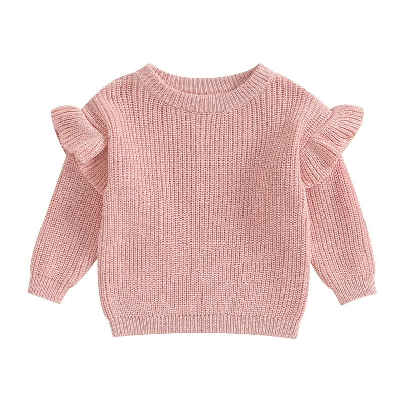 Basley Girls Sweater Solid Color Ruffle Long Sleeve Knit