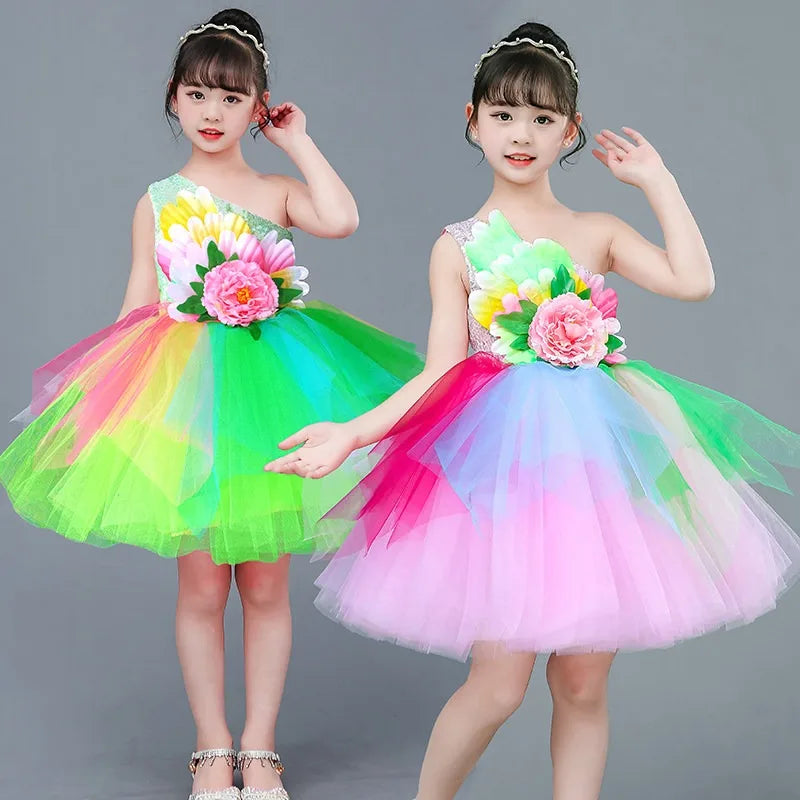 Multicolored Dance Dress Girls Modern Dance Costume Girls Contemporary Freestyle Dance Dress Girls Vestidos De Fiesta