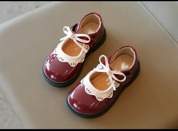 Girl's Princess Shoes Wine Red Black Ruffles Elegant Patent Leather Bowknot Children Flat Shoes 21-35 Toddler Kids Single Shoe