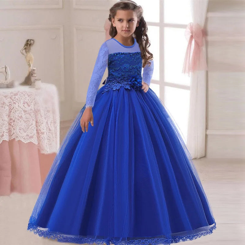 Long Sleeve White Bridemaid Girl Party Dresses Wedding Costume Bow Lace