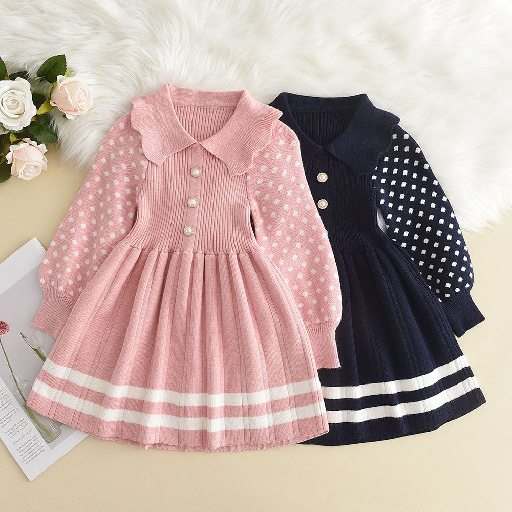 Jaliya Baby Girl Sweater Dress - Knitted, Polka Dots & Warm