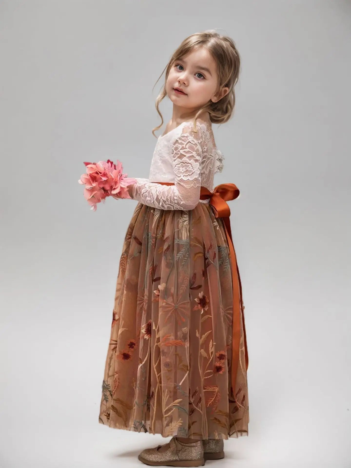 Children Girls Wedding Dress Crochet Lace Embroidery Kids Clothing Wear
