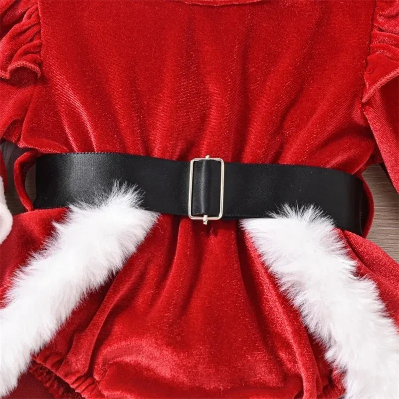 Baby Girl's Christmas Velvet Dress with PP shorts & Hat Set ,Pom pom Trim baby girl Dress