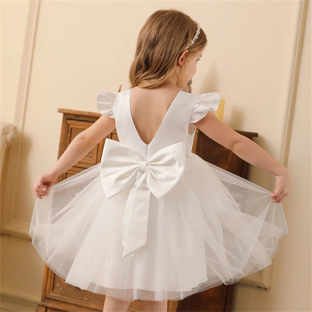Toddler Girl Flower Birthday Tulle Dress Backless Bow Wedding Party Dress