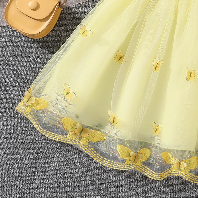 Dress For Girls Yellow O-Neck Fly-Sleeve Tulle Bowknot