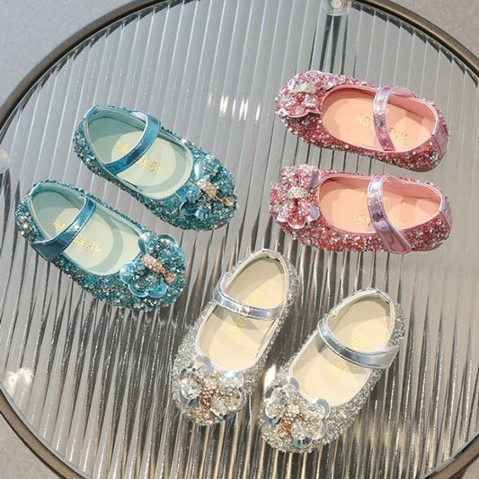 Girls Diamond Princess Shoe2026 Spring Autumn Korean Edition Sweet Bow Soft Single Shoe Fashion Girl Anti Slip Dress Party Shoes