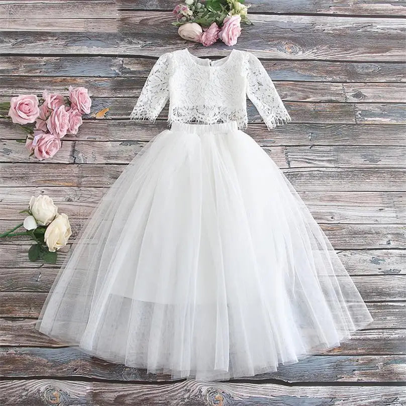 Children Set Clothing for Girls Half Sleeve Lace Top+Champagne Pink Long Skirt dress