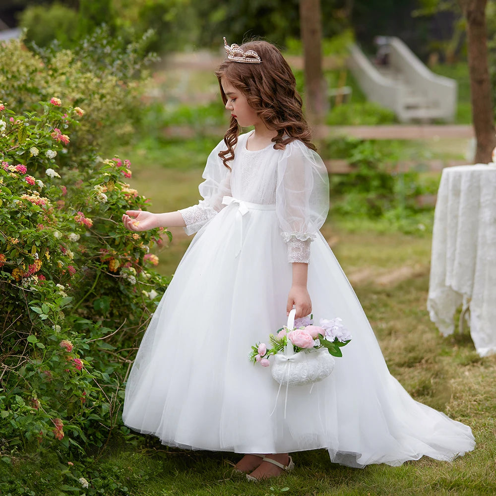 Summer Flower Girls Dress Bow Long Sleeve Wedding Ball Gown Child Host White Dress