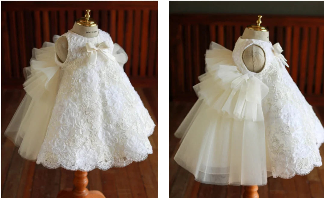 1st Birthday Baby Girl Dress White Lace Princess Wedding Party Dresses For Girl Tulle Flower Baby Baptism Christening Ball Gowns