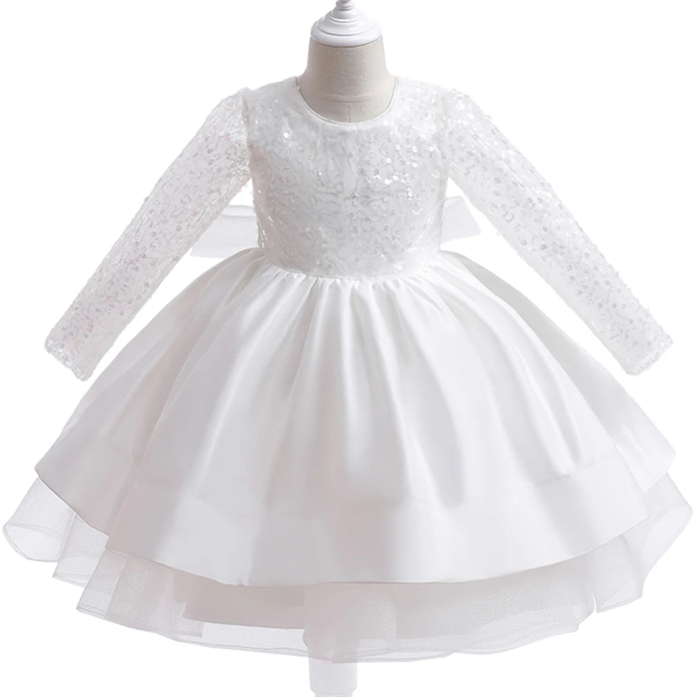 Fashion Sequins White Wedding Girls Party Dress Formal Bow Birthday Princess Dress