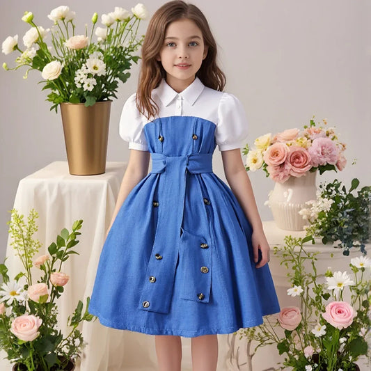 2025 Vintage Elegant Kids Girl Dress Summer Short Sleeves Graduation  Dress