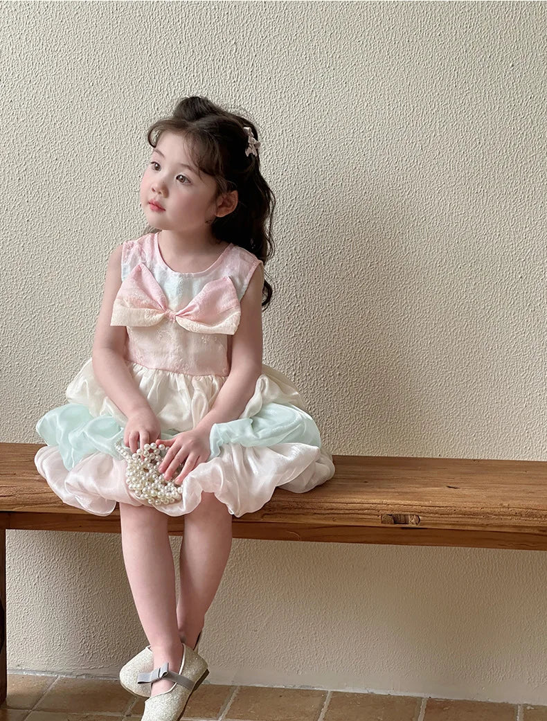 Baby Girl's Summer Dress Little  Girl Flower Bud Sleveless Dress With Bow