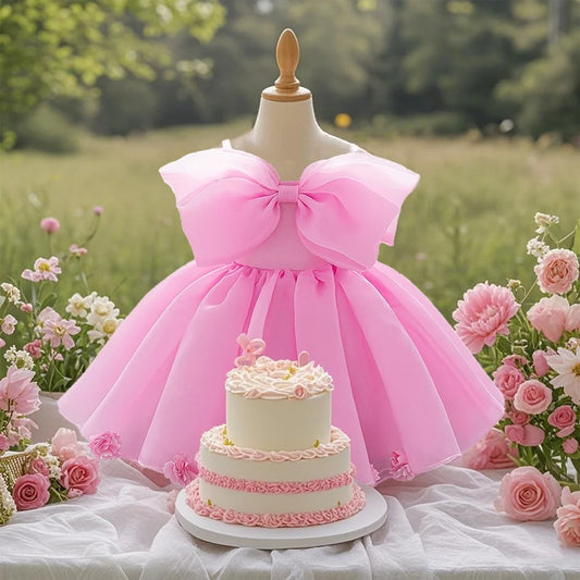 Baby girl pink sweet dress with big bow design young girl dress