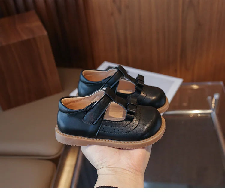 Girl's Bow Princess Shoes Leather Shoes 2026 Spring New Fashion Soft Sole Children's Single Shoes Soft Sole T-strap Kids Shoes
