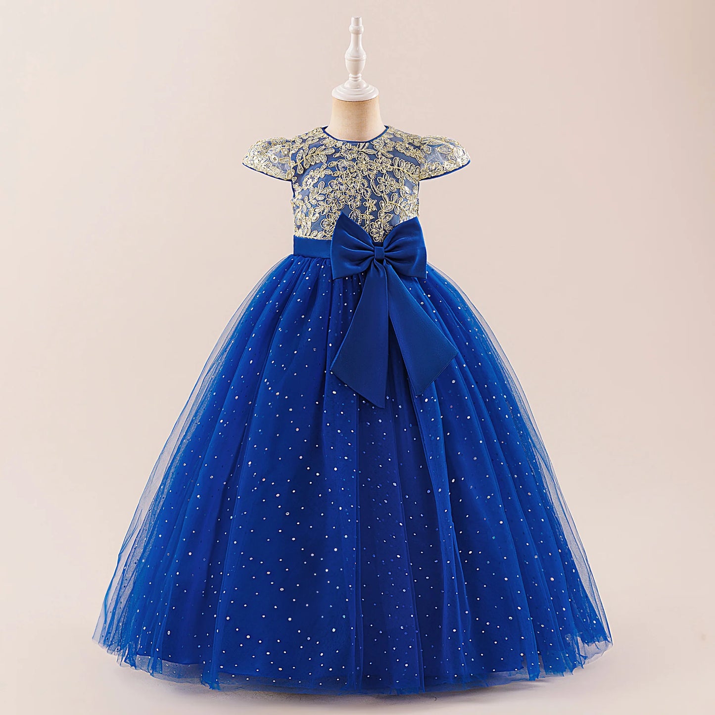 Girls Flower Embroidery Party Dress Kids Big Bow Long Wedding Bridesmaid