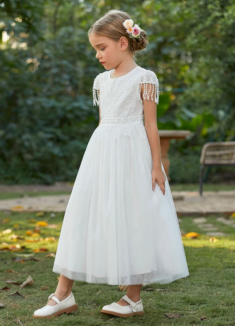 Christmas Girl's New Bohemian Style Lace Tassel Flower Backless Solid Color Dress
