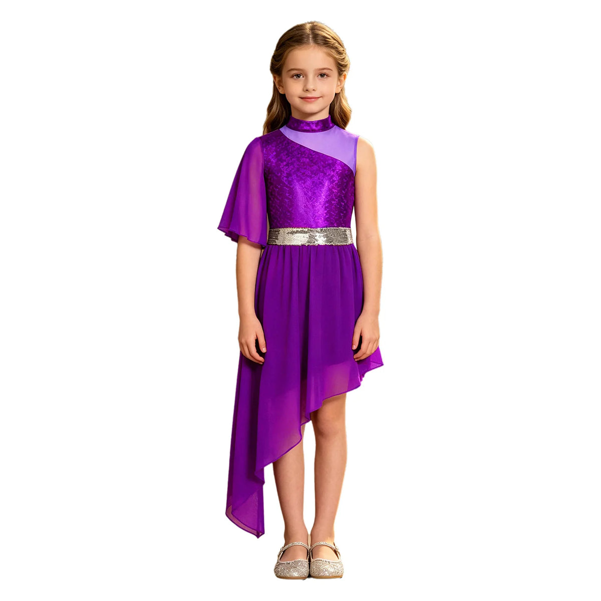 Kids Girls Lyrical Contemporary Worship Liturgical Praise Dance Dress Flare Sleeve Sequin Splice Dress Performance Costume