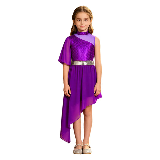 Kids Girls Lyrical Contemporary Worship Liturgical Praise Dance Dress Flare Sleeve Sequin Splice Dress Performance Costume