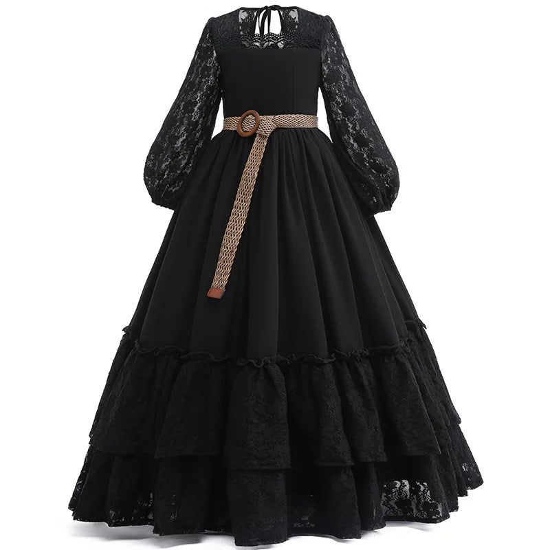 Girls lace long sleeved princess dress 2024 new high-end chiffon waist length