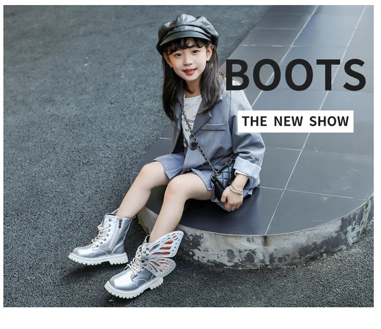 Girls Boots 2025 New Autumn Winter Fashion Butterfly Princess Botas Casual Non-slip Ankle Boots Silver Patent Leather Kids Shoes