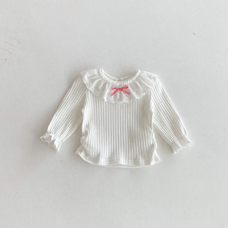 Alice Collar Ribbed Sweet Bowtie Frilly Neck Top