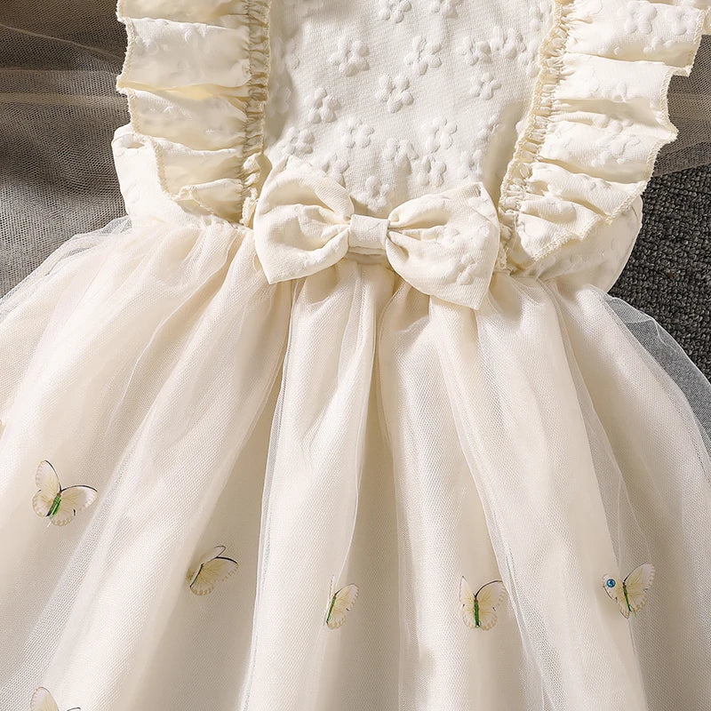 Dress For Girls Yellow O-Neck Fly-Sleeve Tulle Bowknot
