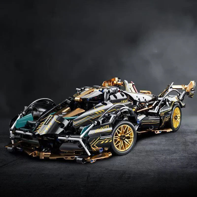 1690 Super Building Block Racing Car, V12 Building Block Car, Black and Gold Accessories, Fine Desktop Wooden Model Car, Birthday Gift