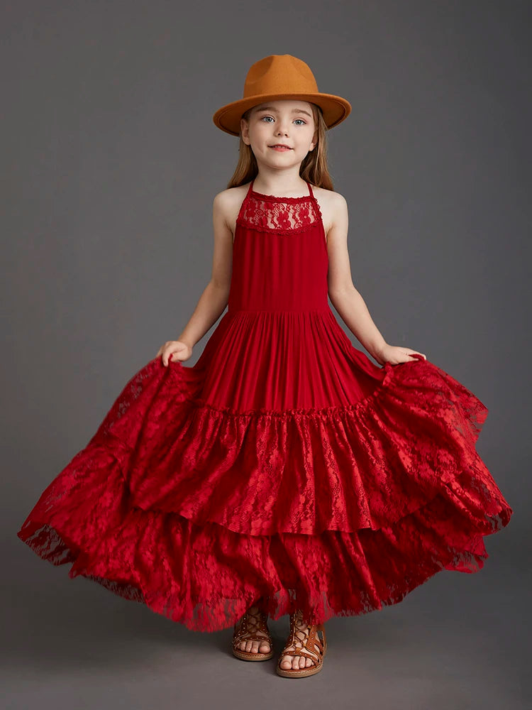 New 2024 Princess Girls Short Sleeve Lace Long Floor Dresses