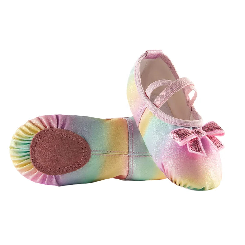 Girl Ballet Shoes Glitter Split-Sole Dance Slippers Toddler Kids Practice Shoes Flats Soft Lightweight  Elastic Laces Colorful