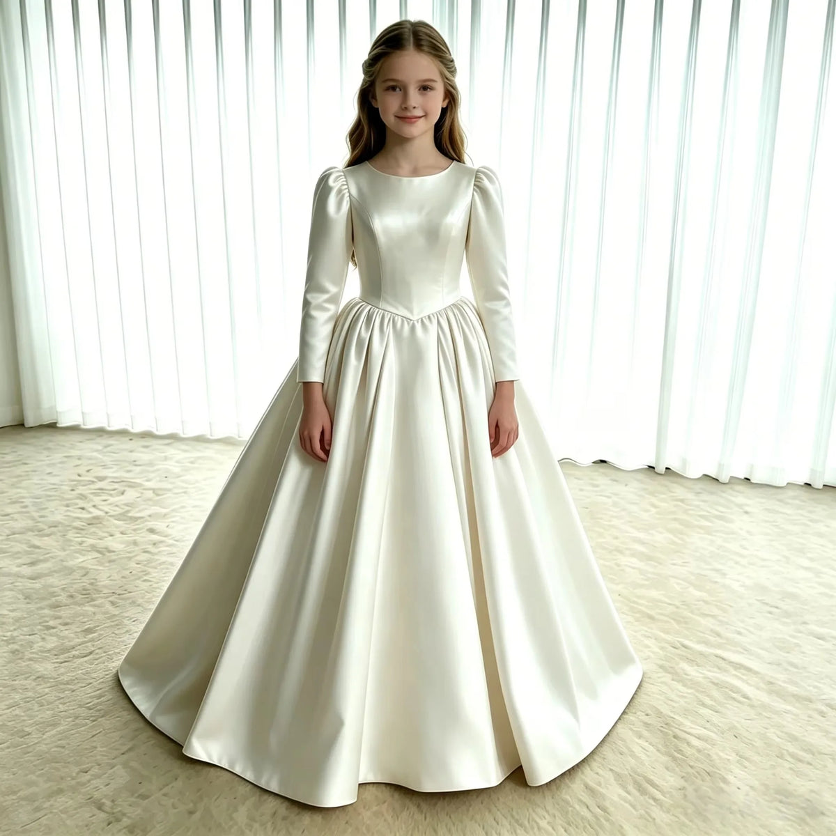 Girls First Communion Dress New Long Sleeves Satin Elegant Tail Evening Gown Girls Wedding Party Princess Dress for Juniors