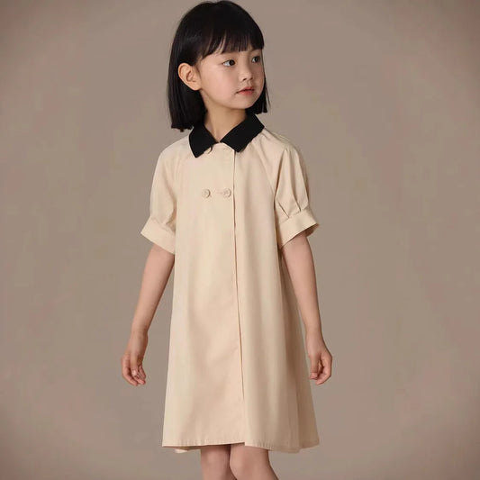 Girls Dress 2025 Spring Summer New Simple Temperament Cotton Contrasting Turn-down Collar Dress