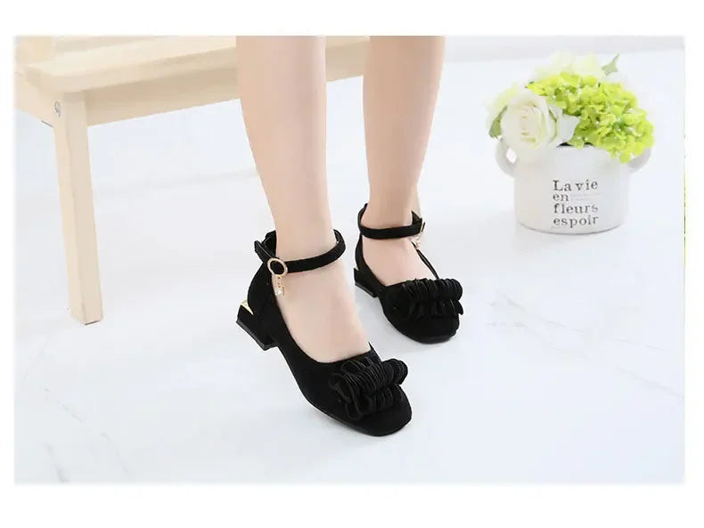 Girls Party Shoes High Heeled Fashion Princess with Flowers Sweet Chic Kids Leather Shoes for Wedding Model Shoes Ankle-strap