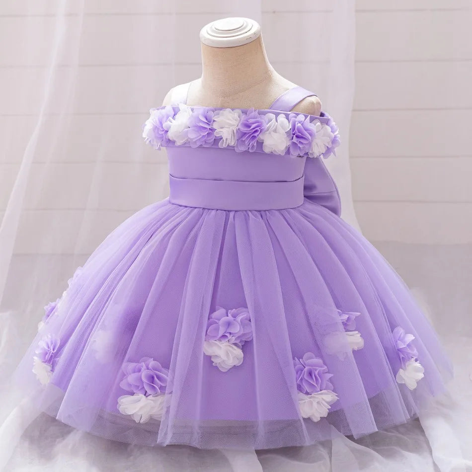 New Baby Girls 1st Princess Dress Infant Three-dimensional Flower One-word Shoulder Mesh Dress Baby Girl Performance Dress ASQ03