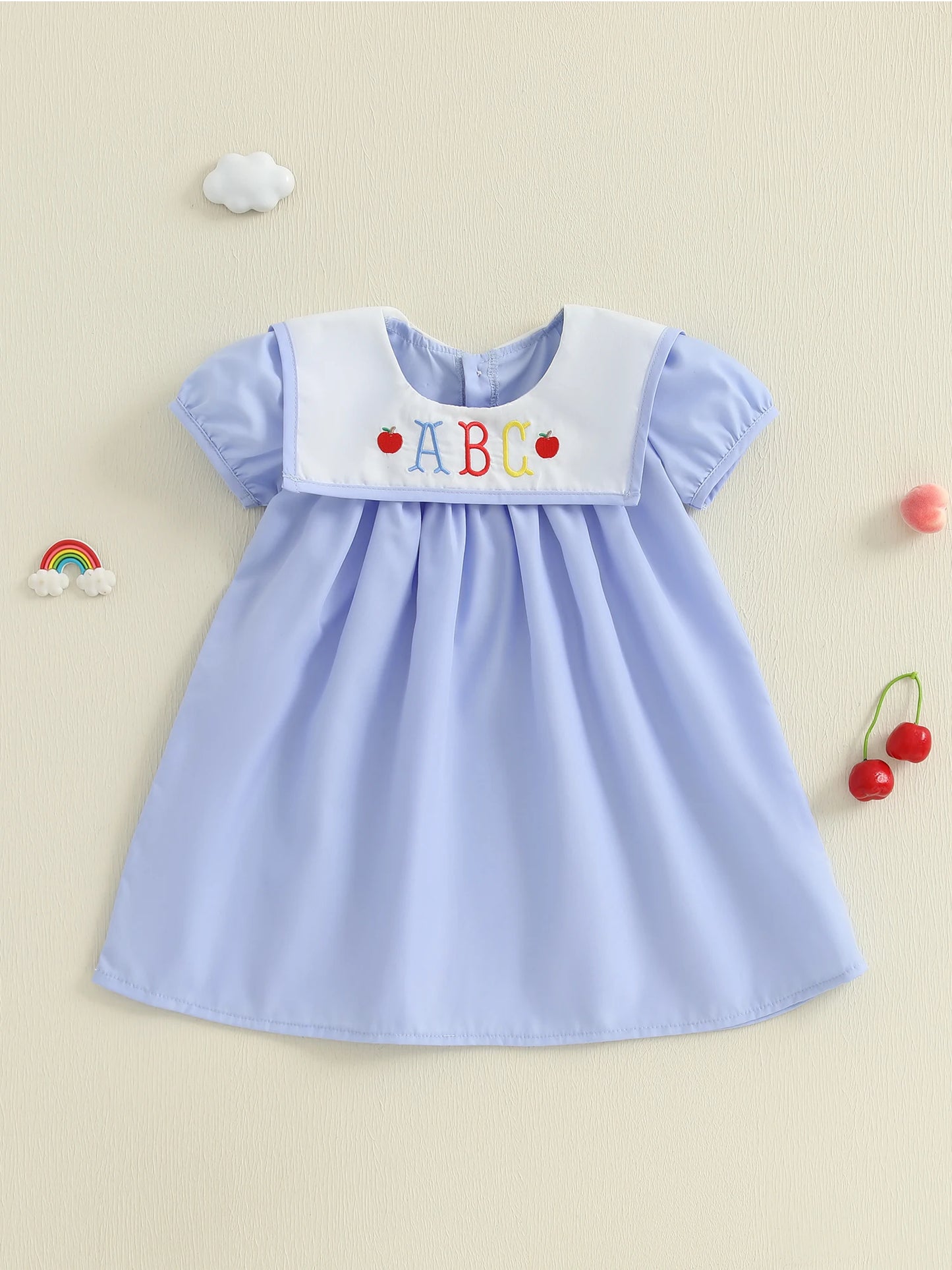 Girls Summer Dress with Floral Embroidery and Ruffle Sleeves Cute Back to School Dress
